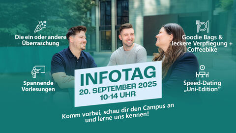Infotag im Studienzentrum am 20.9.2025 Informationen zum Infotag, 2 Männer und 1 Frau im Gespräch